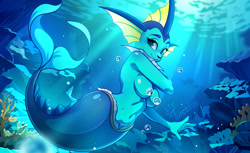 Size: 1700x1038 | Tagged: suggestive, artist:furctose, eeveelution, fictional species, fish, hybrid, mammal, vaporeon, anthro, nintendo, pokémon, 2023, anthrofied, belly button, blue body, blue eyes, breasts, detailed background, female, fins, fish tail, full body, looking at you, ocean, smiling, smiling at you, solo, solo female, strategically covered, tail, underwater, water