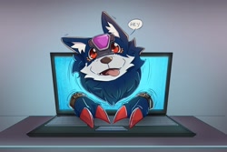 Size: 1616x1082 | Tagged: safe, artist:thenavwolf, canine, mammal, feral, digimon, ambiguous gender, claws, computer, cute, loogamon, looking at you, red claws, red eyes, solo, solo ambiguous, table