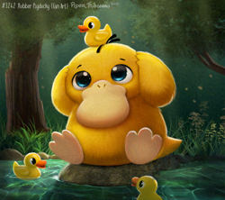 Size: 800x709 | Tagged: safe, artist:cryptid-creations, bird, fictional species, psyduck, feral, nintendo, pokémon, 2023, ambiguous gender, cute, forest, rubber duck, sitting, solo, solo ambiguous, toy, water