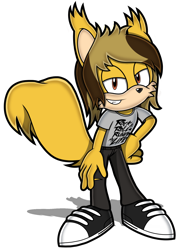 Size: 1350x1800 | Tagged: safe, artist:toyminator900, mammal, red squirrel, rodent, squirrel, anthro, alex gaskarth, all time low, sega, sonic the hedgehog (series), anthrofied, brown eyes, brown hair, clothes, dyed hair, ear fluff, fluff, fur, furrified, grin, hair, hand on hip, jeans, lidded eyes, male, pants, ripped jeans, ripped pants, shirt, shoes, simple background, solo, solo male, sonicified, t-shirt, tail, tail fluff, topwear, torn clothes, transparent background, yellow body, yellow fur, yellow tail