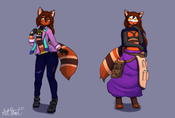 Size: 2039x1378 | Tagged: safe, artist:bear213, oc, canine, fox, mammal, anthro, 2023, bottomwear, brown hair, clothes, crop top, crossdressing, digital art, dress, ears, femboy, fur, green eyes, hair, male, mask, orange body, orange fur, pants, paws, scarf, shoes, signature, simple background, solo, solo male, standing, tail, tank top, topwear