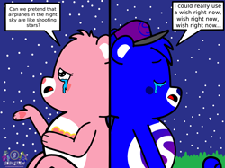 Size: 2048x1530 | Tagged: safe, artist:mrstheartist, love-a-lot bear (care bears), oc, oc:creative bear, bear, fictional species, mammal, semi-anthro, care bears, care bears: unlock the magic, aeroplanes and meteor showers, airplanes (song), b.o.b, care bear, crying, meme, mordetwi redraw, night, open mouth, parody, redraw, show accurate, singing, speech bubble, starry night, tears
