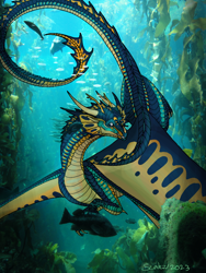 Size: 600x800 | Tagged: safe, artist:turquoisethorns, oc, oc only, dragon, fictional species, fish, hybrid, reptile, feral, 2023, ambiguous gender, bubble, claws, digital art, dragon oc, dragon wings, fangs, green eyes, horns, landscape, looking at you, ocean, scales, scenery, scenery porn, seaweed, sharp teeth, signature, solo, spread wings, sunlight, swimming, tail, teeth, turquoise, underwater, water, wings