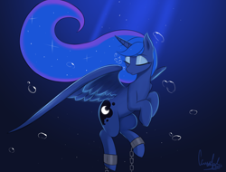 Size: 4096x3106 | Tagged: safe, artist:ccruelangel, princess luna (mlp), alicorn, equine, fictional species, mammal, pony, feral, friendship is magic, hasbro, my little pony, blue background, blue hair, blue mane, blue tail, bubble, chains, colored pupils, depression, digital art, diving, ethereal mane, ethereal tail, eyes closed, eyeshadow, feather, feathers, female, flowing mane, flowing tail, hair, high res, hooves, horn, makeup, mane, mare, no tail, ocean, sad, signature, simple background, solo, solo female, sparkles, spread wings, starry mane, starry tail, stars, straining, sunbeam, sunlight, tail, tired, underwater, water, wings