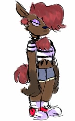 Size: 800x1280 | Tagged: species needed, safe, artist:puppychan, oc, oc only, anthro, black nose, blue shorts, bottomwear, brown body, brown fur, clothes, crop top, cropped shirt, female, full body, fur, hair, half closed eyes, midriff, red hair, red tail, shoes, short shorts, shorts, simple background, solo, solo female, striped clothes, striped shirt, tail, topwear, white background