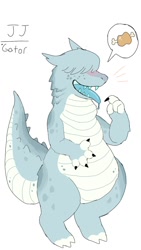 Size: 720x1280 | Tagged: safe, artist:puppychan, oc, oc only, alligator, crocodilian, reptile, anthro, ambiguous gender, black claws, blue scales, blue tongue, claws, colored tongue, cute, food, full body, meat, open mouth, open smile, scales, simple background, smiling, solo, solo ambiguous, teeth, tongue, white background
