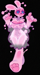 Size: 622x1157 | Tagged: safe, artist:wolfertinger, oc, oc only, fictional species, goo creature, lagomorph, mammal, rabbit, anthro, 2023, black background, blue eyes, bone, breasts, cute, female, goo, paw pads, pink paw pads, ribs, simple background, skeleton, skull, slime, solo, solo female, walking
