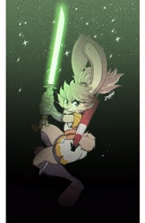 Size: 1650x2550 | Tagged: safe, artist:scottyartz, lop (star wars: visions), lagomorph, mammal, rabbit, anthro, star wars, star wars: visions, barefoot, big butt, butt, clothes, feet, female, laser sword, legwear, lightsaber, looking at you, smiling, smiling at you, solo, solo female, thick thighs, thighs, toeless legwear, toes, weapon, wide hips