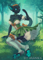 Size: 700x966 | Tagged: suggestive, artist:imanika, oc, oc only, cat, feline, mammal, anthro, digitigrade anthro, 2023, black body, black fur, bottomwear, breasts, cameltoe, cleavage, clothes, commission, cyan eyes, cyan paw pads, digital art, dress, ears, female, fluff, forest, fur, grass, legwear, lying on the ground, outdoors, panties, paw pads, paws, pose, shoulder fluff, solo, solo female, stockings, tail, thighs, underskirt, underwear, wide hips, ych result