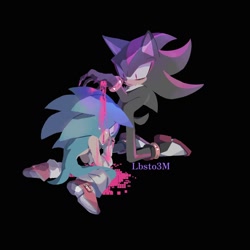 Size: 1280x1280 | Tagged: safe, artist:lbsto3m, shadow the hedgehog (sonic), sonic the hedgehog (sonic), hedgehog, mammal, anthro, sega, sonic the hedgehog (series), black background, black body, black fur, blood, crying, duo, duo male, fur, male, males only, simple background
