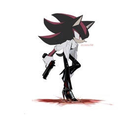 Size: 1280x1280 | Tagged: safe, artist:lbsto3m, shadow the hedgehog (sonic), hedgehog, mammal, anthro, sega, sonic the hedgehog (series), black body, black fur, black pants, black shoes, blood, bottomwear, clothes, full body, fur, gun, holding gun, male, pants, shoes, simple background, solo, solo male, weapon, white background