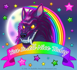 Size: 400x367 | Tagged: safe, artist:nashoba-hostina, canine, fictional species, mammal, werewolf, wolf, feral, ambiguous gender, lisa frank, low res, moon, rainbow, solo, stars