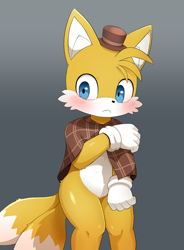 Size: 1474x2000 | Tagged: safe, artist:sum, miles "tails" prower (sonic), canine, fox, mammal, red fox, anthro, sega, sonic the hedgehog (series), 2023, blushing, cheek fluff, clothes, digital art, ears, fluff, gloves, hat, headwear, male, multiple tails, simple background, solo, solo male, tail, two tails