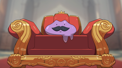 Size: 1920x1080 | Tagged: safe, artist:drunk_oak, ditto, fictional species, feral, nintendo, pokémon, 2023, ambiguous gender, chair, crown, detailed background, digital art, fake moustache, headwear, jewelry, looking at you, regalia, solo, solo ambiguous, throne