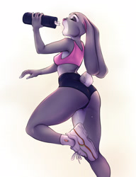 Size: 2192x2860 | Tagged: safe, artist:monian, judy hopps (zootopia), lagomorph, mammal, rabbit, anthro, disney, zootopia, 2021, bottomwear, breasts, buckteeth, butt, clothes, digital art, ears, eyelashes, eyes closed, female, open mouth, pink nose, pose, rear view, shoes, short tail, shorts, sideboob, simple background, socks, solo, solo female, sports bra, sports shorts, tail, teeth, thighs, tongue, topwear, white background, wide hips