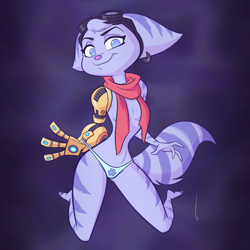 Size: 1280x1280 | Tagged: suggestive, artist:birchly, rivet (r&c), fictional species, lombax, mammal, anthro, ratchet & clank, 2023, clothes, digital art, ear piercing, earring, ears, female, fur, goggles, kneeling, looking at you, panties, piercing, purple background, purple body, purple eyes, purple fur, scarf, signature, simple background, solo, solo female, tail, underwear