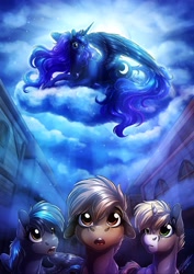 Size: 2896x4096 | Tagged: safe, artist:lupiarts, princess luna (mlp), alicorn, equine, fictional species, mammal, pony, feral, friendship is magic, hasbro, my little pony, 2023, canterlot, children of the night, cloud, colt, ethereal mane, feathered wings, feathers, female, filly, foal, hair, high res, horn, lying down, male, mane, mare, on a cloud, outdoors, prone, sky, starry mane, town, wings, young