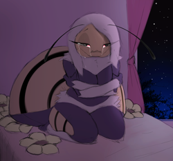 Size: 1400x1312 | Tagged: safe, artist:tffeathers, oc, oc:blossom (tffeathers), arthropod, bee, insect, anthro, bed, crying, female, kneeling, night, sad, solo, solo female