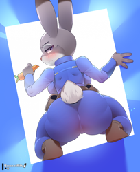 Size: 1732x2127 | Tagged: suggestive, artist:bunnemilk, judy hopps (zootopia), lagomorph, mammal, rabbit, anthro, disney, zootopia, 2023, big breasts, breasts, butt, butt focus, cameltoe, carrot, clothes, detailed background, digital art, ears, eyelashes, female, food, fur, looking at you, looking back, looking back at you, pink nose, police uniform, pose, rear view, sideboob, solo, solo female, squatting, thighs, vegetables, wide hips