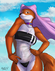 Size: 1416x1848 | Tagged: safe, artist:raffles18, maid marian (robin hood), canine, fox, mammal, anthro, disney, robin hood (disney), 2023, bedroom eyes, belly button, black nose, breasts, choker, clothes, cloud, digital art, ears, eyelashes, female, fur, gris swimsuit meme, headdress, looking at you, one-piece swimsuit, sky, smiling, smiling at you, solo, solo female, swimsuit, thighs, vixen, wide hips