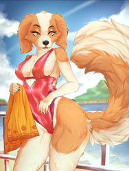 Size: 1500x2000 | Tagged: safe, artist:kaiotawolf, oc, oc only, canine, dog, mammal, anthro, 2023, absolute cleavage, beach, black nose, breasts, cleavage, clothes, detailed background, digital art, ears, eyelashes, female, fur, lidded eyes, one-piece swimsuit, pose, solo, solo female, swimsuit, tail, thighs, towel, wide hips
