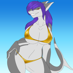 Size: 1200x1200 | Tagged: safe, artist:koekoek19, oc, oc only, fish, shark, anthro, 2023, absolute cleavage, almost nude, beach, bikini, breasts, cleavage, clothes, digital art, ears, eyelashes, female, fins, fish tail, gold bikini, grin, hair, hand on hip, huge breasts, pose, purple hair, scales, shark tail, sharp teeth, simple background, solo, solo female, swimsuit, tail, teeth, thighs, wide hips