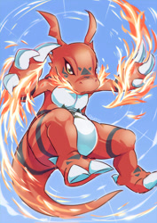 Size: 963x1359 | Tagged: safe, artist:shoru, fictional species, guilmon, anthro, digitigrade anthro, digimon, 2023, claws, digital art, ears, fire, male, scales, simple background, solo, solo male, tail, thighs