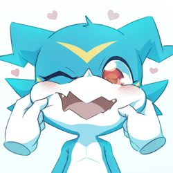 Size: 1181x1181 | Tagged: safe, artist:shoru, fictional species, veemon, anthro, digimon, 2023, cheek pinch, digital art, disembodied hand, ears, male, open mouth, scales, simple background, solo, solo male, tail, tongue