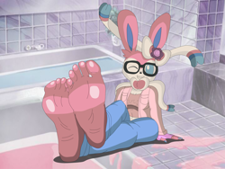 Size: 6464x4848 | Tagged: safe, artist:umbreonthewhovian, eeveelution, fictional species, mammal, sylveon, anthro, plantigrade anthro, nintendo, pokémon, ambiguous gender, anthrofied, barefoot, feet, fetish, foot fetish, foot focus, soles, toes