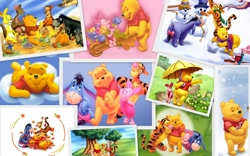 Size: 1920x1200 | Tagged: safe, official art, eeyore (winnie-the-pooh), gopher (winnie-the-pooh), kanga (winnie-the-pooh), owl (winnie-the-pooh), piglet (winnie-the-pooh), rabbit (winnie-the-pooh), roo (winnie-the-pooh), tigger (winnie-the-pooh), animate object, bear, big cat, bird, bird of prey, donkey, equine, feline, fictional species, gopher, kangaroo, lagomorph, living plushie, mammal, marsupial, owl, pig, rabbit, rodent, suid, tiger, feral, semi-anthro, disney, winnie-the-pooh, autumn, bow, bread, candy, candy cane, carrot, clothes, cloud, cloudy, cookie, female, flower, food, fruit, grapes, hat, headwear, honey, leaf, macropod, male, picnic, picnic basket, picnic blanket, plant, plushie, pot, pumpkin, rain, scarf, shirt, sky, snow, snowball, snowfall, snowflake, snowman, spring, stick, tail, tail bow, tail ribbon, topwear, tree, turnip, umbrella, vegetables, wheelbarrow, winter, young