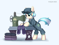 Size: 3456x2688 | Tagged: safe, artist:vinilyart, coco pommel (mlp), earth pony, equine, fictional species, mammal, pony, feral, friendship is magic, hasbro, my little pony, 2022, bottomwear, clothes, female, hat, headwear, pants, sewing, sewing machine, shirt, simple background, solo, solo female, tail, tired, topwear, white background
