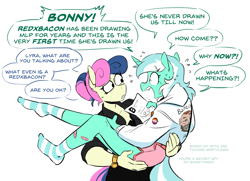 Size: 1465x1061 | Tagged: safe, artist:redxbacon, bon bon (mlp), lyra heartstrings (mlp), earth pony, equine, fictional species, mammal, pony, unicorn, anthro, plantigrade anthro, friendship is magic, hasbro, my little pony, 2023, anthrofied, bandage, bottomwear, breaking the fourth wall, carrying, clothes, cute, dialogue, duo, duo female, female, female/female, females only, hoodie, horn, lesbian pride flag, lyrabon (mlp), mare, nft, panicking, pride flag, shipping, shorts, simple background, socks, speech bubble, tail, talking, topwear, watch, white background