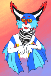 Size: 1564x2324 | Tagged: safe, artist:lil_vampirecj, oc, oc only, bat, mammal, anthro, digitigrade anthro, art fight, abstract background, ambiguous gender, bandanna, bat wings, bust, cheek fluff, clothes, digital art, dtpay, ear fluff, fluff, fur, half body, head fluff, horn, paws, smiling, solo, webbed wings, wings, yellow eyes