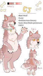 Size: 720x1280 | Tagged: safe, artist:puppychan, oc, oc:cj (puppychan), canine, mammal, red wolf, wolf, anthro, ambiguous gender, brown body, brown fur, color palette, colored sclera, cream body, cream fur, english text, fur, hair, hair over eyes, open mouth, open smile, orange eyes, reference sheet, simple background, smiling, solo, solo ambiguous, tan body, tan fur, text, white background, yellow sclera