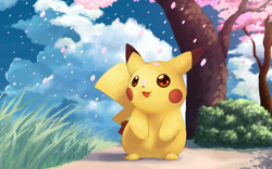 Size: 1920x1200 | Tagged: artist needed, safe, fictional species, mammal, pikachu, semi-anthro, nintendo, pokémon, ambiguous gender, bush, cherry blossom, cherry blossoms, cloud, cloudy, grass, plant, solo, solo ambiguous, tree