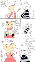 Size: 720x1280 | Tagged: safe, artist:puppychan, oc, oc:suna (puppychan), oc:tsue (puppychan), canine, cervid, deer, demon, dog, fictional species, fox, hybrid, lagomorph, mammal, mustelid, otter, rabbit, clothes, comic, cute, dialogue, drawing, duo, duo female, female, females only, presenting, simple background, speech bubble, striped clothes, striped shirt, talking, white background, wholesome