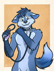 Size: 3512x4573 | Tagged: suggestive, artist:tokuyaartist, oc, oc only, oc:double colon, anthro, blue body, blue fur, blue hair, collar, commission, cyan eyes, floppy ears, fur, hair, half body, hand on shoulder, holding leash, leash, male, simple background, solo, solo male, standing, tail, yellow background