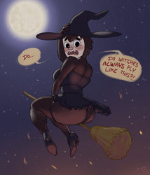 Size: 1800x2100 | Tagged: suggestive, artist:sirartwork, hedgehog, mammal, anthro, plantigrade anthro, cartoon network, 2023, big butt, blushing, bottomwear, breasts, broom, broom riding, butt, cleaning tool, clothes, clothing lift, embarrassed, eulipotyphlan, fangs, female, fishnet, fishnet stockings, flying, footwear, hat, headgear, headwear, hedgehog's mom (summer camp island), high heels, high res, legwear, looking at you, magic user, mature, mature female, panties, see-through, sharp teeth, shoes, skirt, skirt lift, solo, solo female, summer camp island, teeth, underwear, witch, witch hat