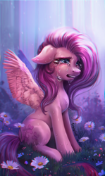 Size: 1484x2482 | Tagged: safe, artist:bananitryi, fluttershy (mlp), equine, fictional species, mammal, pegasus, pony, feral, friendship is magic, hasbro, my little pony, 2023, crying, daisy (flower), eyelashes, feathered wings, feathers, female, floppy ears, flower, forest, fur, furrowed brow, grass, hair, long mane, mane, mare, nostrils, open mouth, pegasus wings, pink hair, pink mane, pink tail, plant, rain, sitting, snout, solo, solo female, spread wings, tail, wings, yellow body, yellow fur, yellow wings
