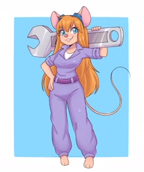 Size: 1482x1774 | Tagged: safe, artist:artkett1412, gadget hackwrench (chip 'n dale: rescue rangers), mammal, mouse, rodent, anthro, chip 'n dale: rescue rangers, disney, 2023, barefoot, blue eyes, clothes, female, goggles, goggles on head, hair, hand on hip, holding, holding object, long hair, smiling, solo, solo female, wrench