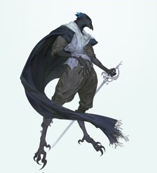 Size: 1862x2048 | Tagged: safe, artist:jooacl, oc, oc only, bird, corvid, crow, songbird, anthro, claws, fantasy, male, simple background, solo, solo male, sword, talons, weapon, white background