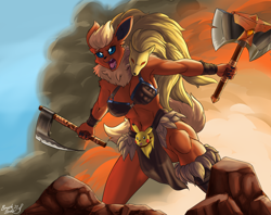 Size: 1644x1301 | Tagged: safe, artist:raffles18, eeveelution, fictional species, flareon, mammal, ninetales, pikachu, anthro, nintendo, pokémon, 2023, abs, axe, barbarian, battle axe, belly button, bikini, bikini top, black nose, breasts, clothes, detailed background, digital art, ears, explosion, female, fur, holding, holding object, loincloth, looking at you, muscles, open mouth, screaming, solo, solo female, swimsuit, tail, thighs, tongue, weapon, wide hips
