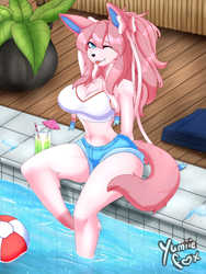 Size: 900x1200 | Tagged: safe, artist:yumiiefox, eeveelution, fictional species, mammal, sylveon, anthro, digitigrade anthro, nintendo, pokémon, 2023, armpits, arms behind head, ball, beach ball, belly button, black nose, blep, bottomwear, breasts, clothes, detailed background, digital art, ears, female, fur, looking at you, poolside, ribbons (body part), shorts, sitting, solo, solo female, swimming pool, tail, tank top, thighs, tongue, tongue out, topwear, towel, wide hips