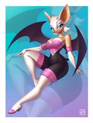 Size: 1948x2575 | Tagged: safe, artist:holivi, rouge the bat (sonic), bat, mammal, anthro, sega, sonic the hedgehog (series), bare shoulders, boots, breasts, catsuit, cleavage, clothes, eyeshadow, female, gloves, high heel boots, high heels, lidded eyes, long gloves, looking at you, makeup, pose, shoes, smiling, smiling at you, solo, solo female