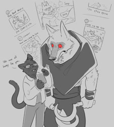 Size: 966x1075 | Tagged: suggestive, artist:zoyu26152516, death (puss in boots), canine, cat, feline, mammal, wolf, anthro, dreamworks animation, puss in boots (movie), puss in boots: the last wish, shrek, 2023, abs, bipedal, black cloak, bust, cell phone, cloak, clothes, colored sclera, dialogue, duo, duo male, english text, fur, gray background, holding, holding object, holding phone, holding weapon, male, males only, melee weapon, muscles, muscular anthro, muscular male, open mouth, pecs, phone, portrait, red sclera, sharp teeth, sickle, simple background, standing, talking, teeth, text, three-quarter portrait, weapon