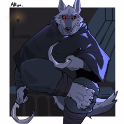 Size: 3000x3000 | Tagged: safe, artist:arun_six, death (puss in boots), canine, mammal, wolf, anthro, dreamworks animation, puss in boots (movie), puss in boots: the last wish, shrek, 1:1, absurd resolution, black claws, black clothing, black nose, black sclera, border, cape, claws, clothes, colored sclera, dual wielding, fur, gray body, gray fur, high res, holding, holding object, holding weapon, intimidation, looking at you, male, melee weapon, open mouth, red eyes, sharp teeth, sickle, solo, solo male, teeth, weapon, white border