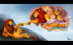 Size: 1000x625 | Tagged: safe, artist:shiku-michelangelo, mufasa (the lion king), nala (the lion king), sarabi (the lion king), simba (the lion king), big cat, feline, lion, mammal, feral, disney, the lion king, cub, female, group, letterboxing, lioness, male, the creation of adam, young