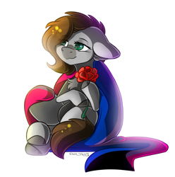 Size: 2060x2080 | Tagged: safe, artist:yuris, oc, oc only, oc:cj vampire, earth pony, equine, fictional species, mammal, pony, feral, hasbro, my little pony, ambiguous gender, bisexual pride flag, chest fluff, demibisexual, demisexual pride flag, ear fluff, flag, flower, fluff, fur, green eyes, hair, head fluff, heterochromia, hooves, mane, plant, pride, pride flag, simple background, solo, tail, tail fluff, white background