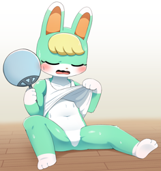 Size: 1751x1853 | Tagged: suggestive, artist:sum, sasha (animal crossing), lagomorph, mammal, rabbit, anthro, digitigrade anthro, animal crossing, animal crossing: new horizons, nintendo, 2023, clothes, digital art, ears, eyes closed, featureless crotch, fur, hair, male, open mouth, pink nose, shirt, shirt lift, short tail, sitting, solo, solo male, sweat, tail, tongue, topwear, wet, wet clothes