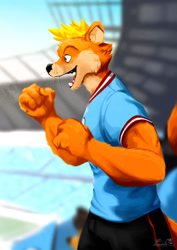 Size: 800x1132 | Tagged: safe, artist:jaspertheotter, mammal, mustelid, otter, anthro, england, male, manchester, manchester city, premier league, soccer, soccer uniform, solo, solo male, stadium, united kingdom
